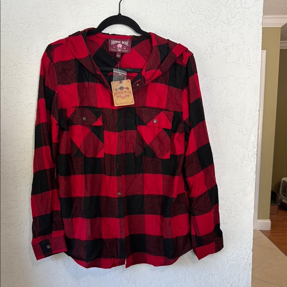 Hippie Rose Red and Black Checkered Hooded Top NWT